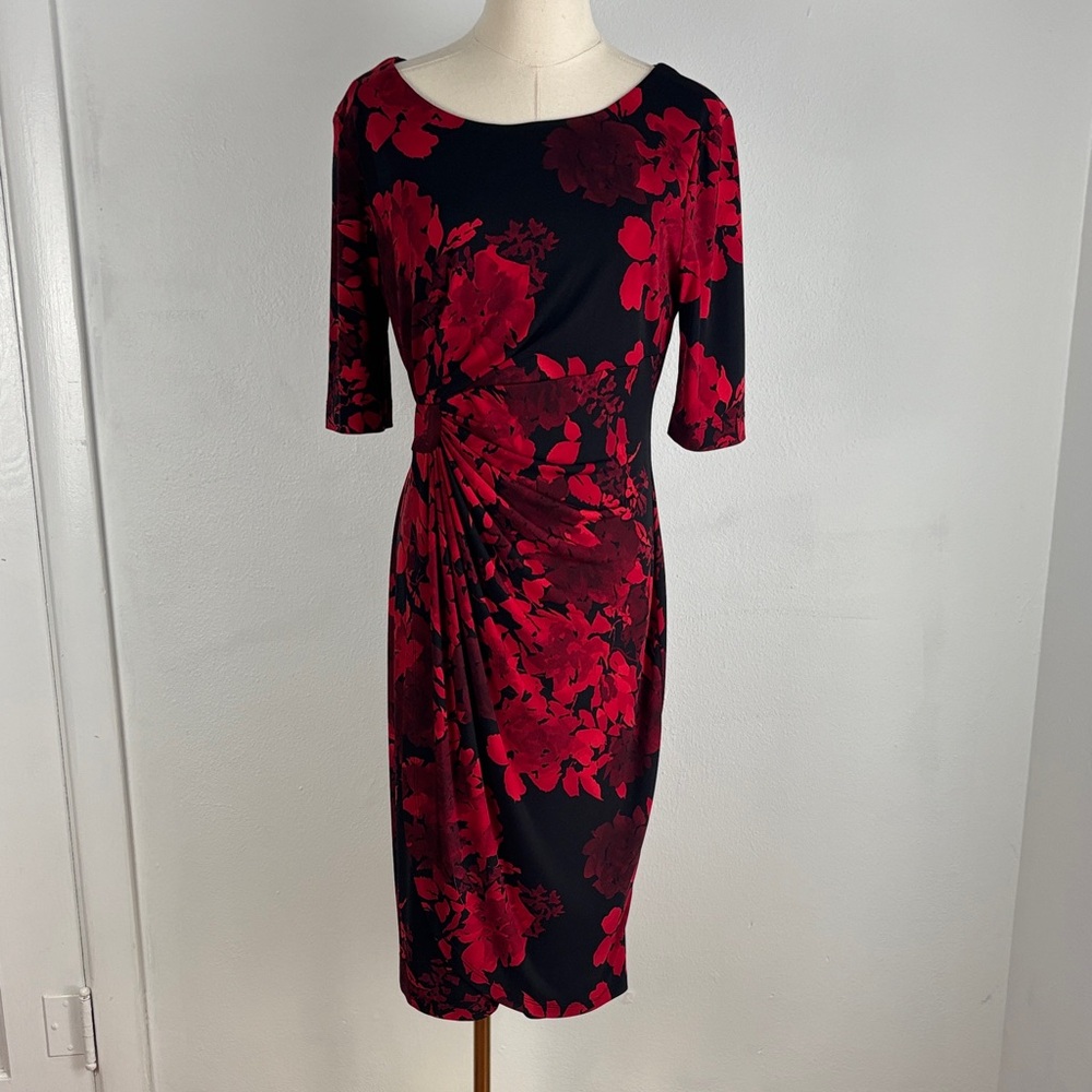 Vtg Whimsigoth Ruched Black Red‎ Asian Floral Long Sleeve Dress Grunge Size 10